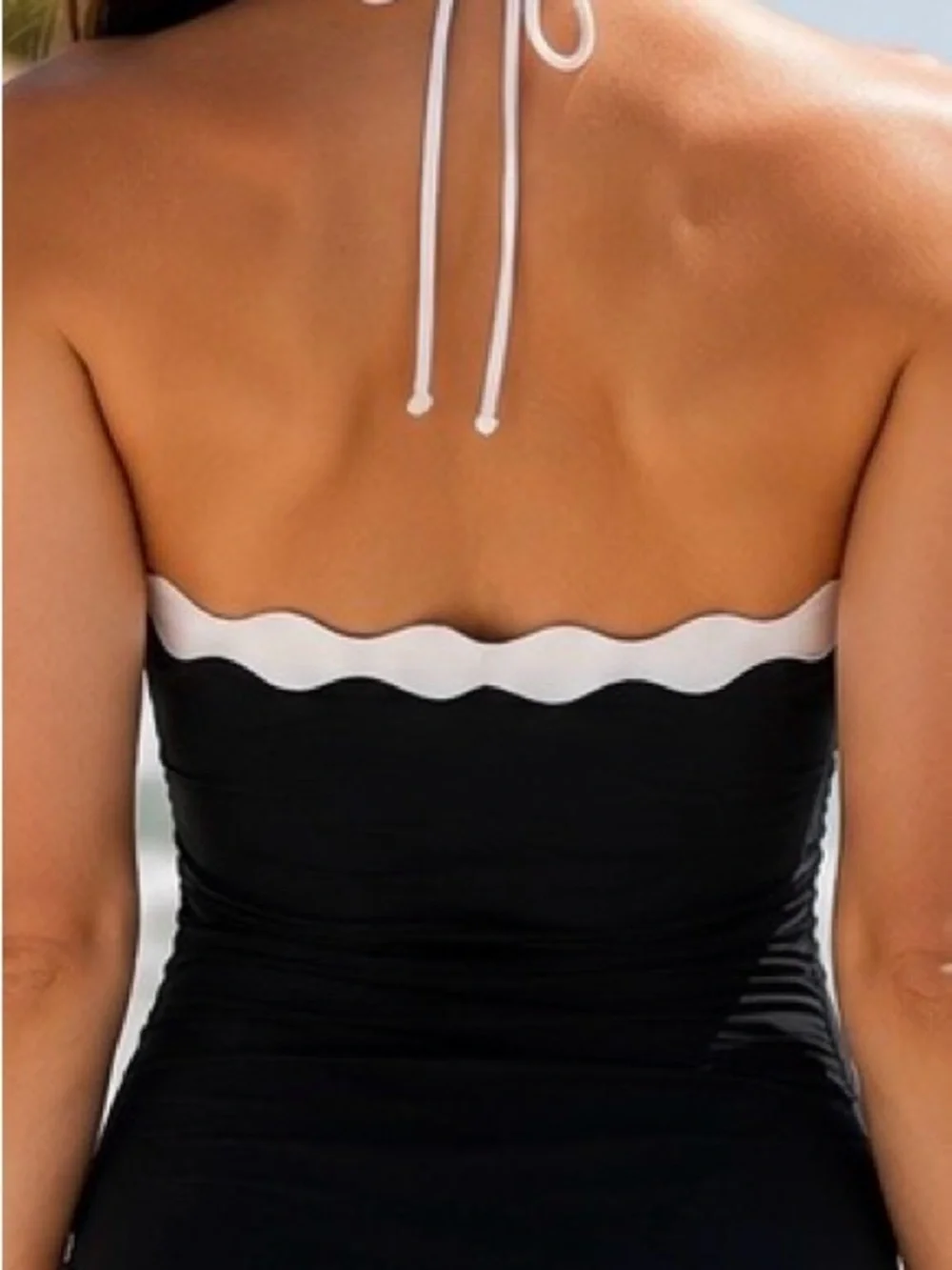 J.Crew Scalloped One Piece Swimsuit Black White Halter Ruched Bodice | Size M